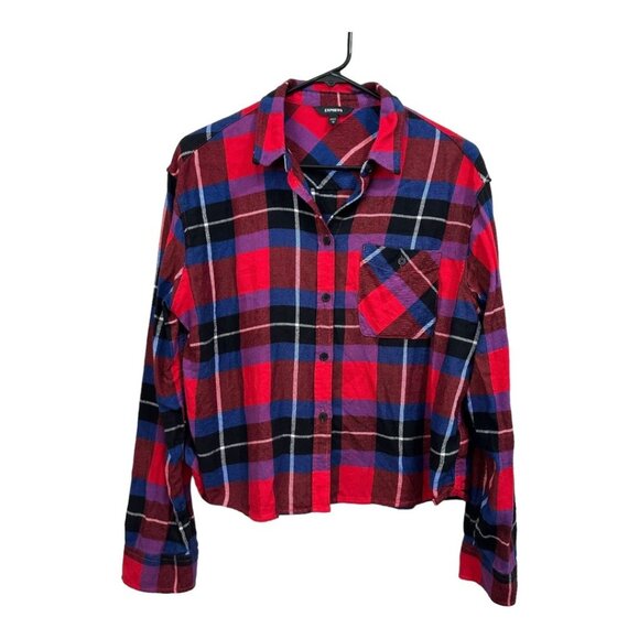 EXPRESS Women SZ M Red Plaid Flannel Cropped Button Down Shirt Long Sleeve - Picture 2 of 11